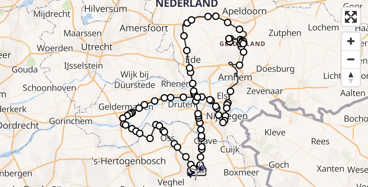 Vluchtroute Politiehelikopter van Vliegbasis Volkel naar Vliegbasis Volkel