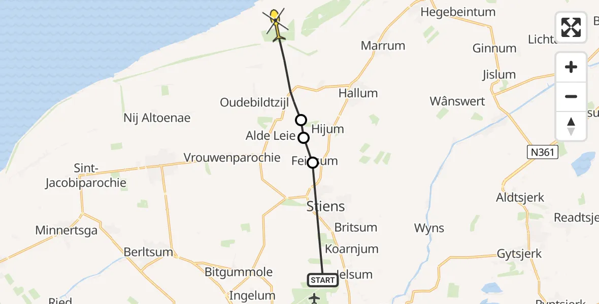 Routekaart van de vlucht: Ambulancehelikopter naar Marrum, Holdingawei