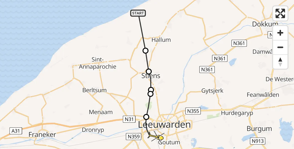 Routekaart van de vlucht: Ambulancehelikopter naar Leeuwarden, De Loane