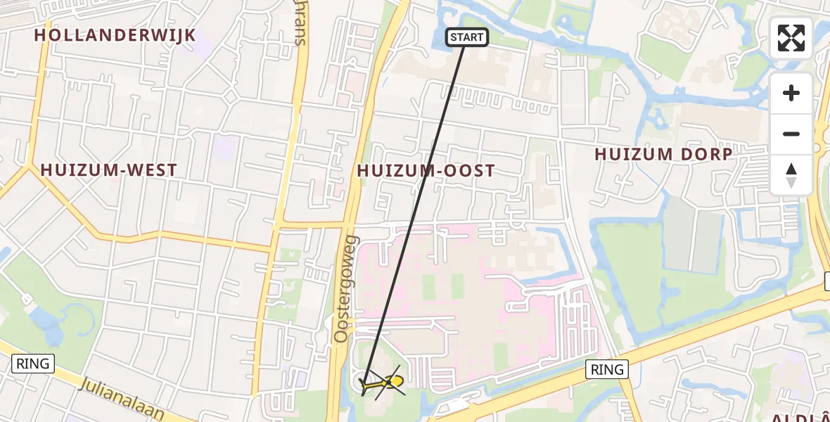 Routekaart van de vlucht: Ambulanceheli naar Leeuwarden, Borniastraat