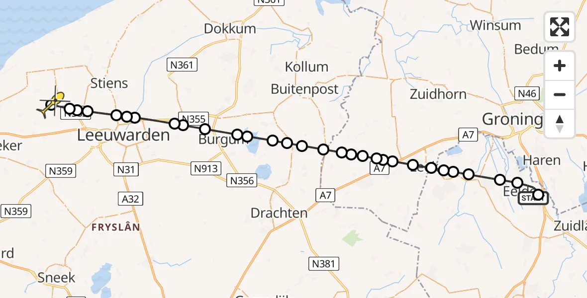 Routekaart van de vlucht: Lifeliner 4 naar Berltsum, Oosterbroek