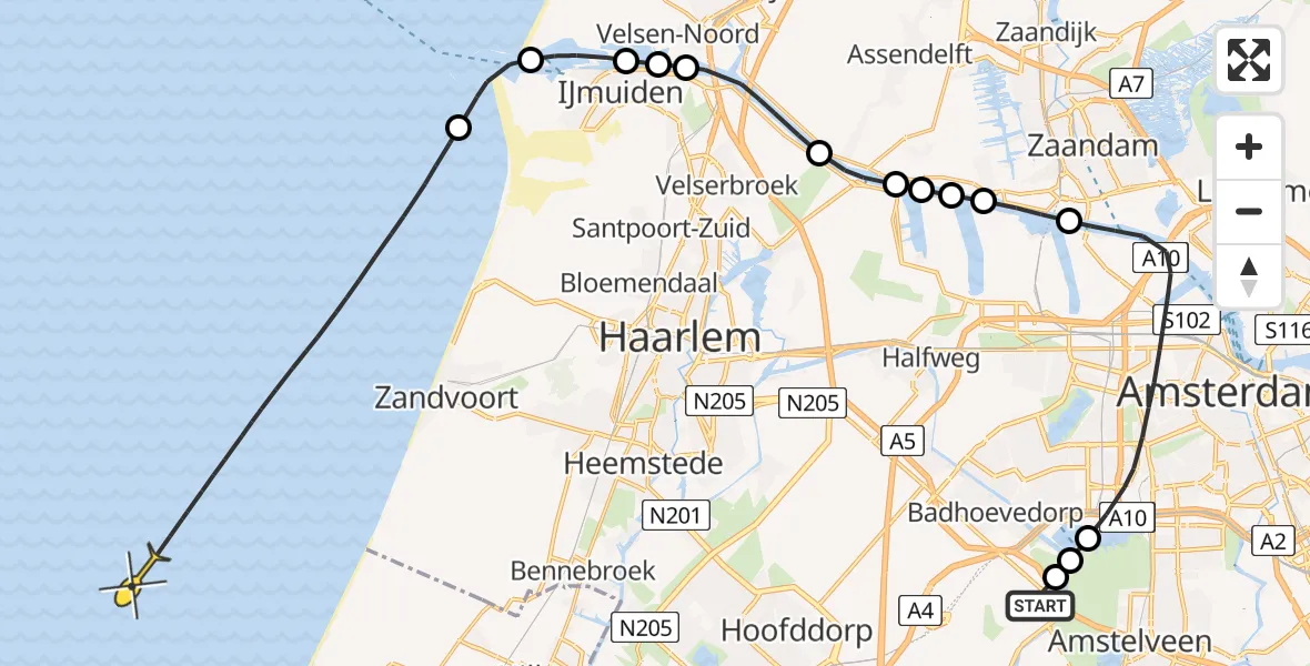 Routekaart van de vlucht: Politieheli naar Nieuwemeerdijk