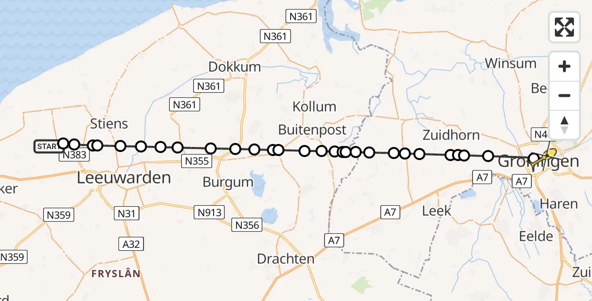 Routekaart van de vlucht: Lifeliner 4 naar Universitair Medisch Centrum Groningen, Westergoawei