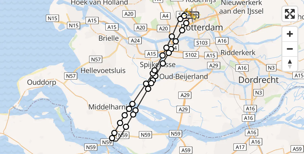 Vluchtroute Traumahelikopter Rotterdam The Hague Airport - Rotterdam The Hague Airport, 10 maart 2024, 21:06