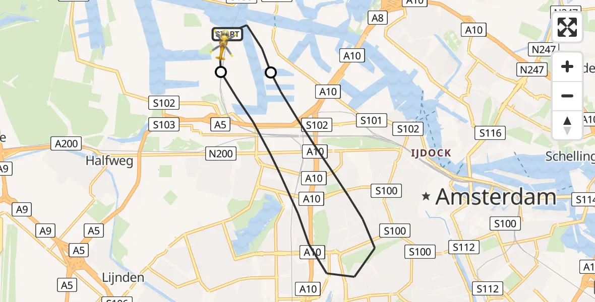 Vluchtroute Traumahelikopter van Amsterdam Heliport naar Amsterdam Heliport