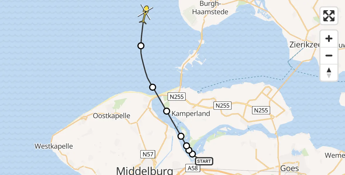 Vluchtroute  van Vliegveld Midden-Zeeland naar 