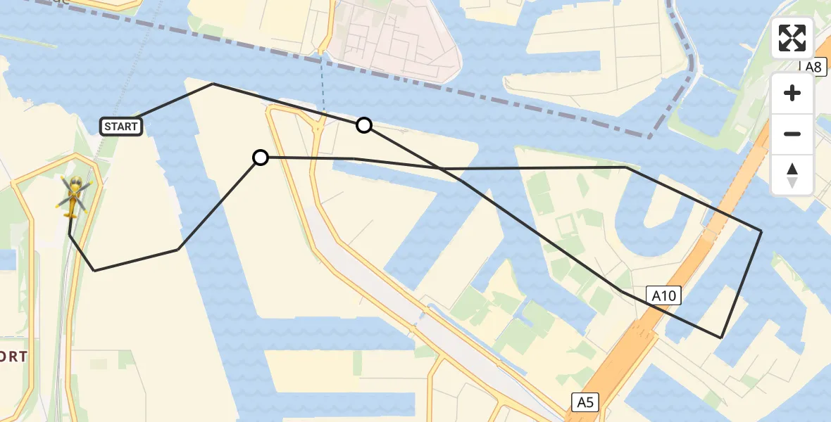 Vluchtroute Traumahelikopter van Amsterdam Heliport naar Amsterdam Heliport