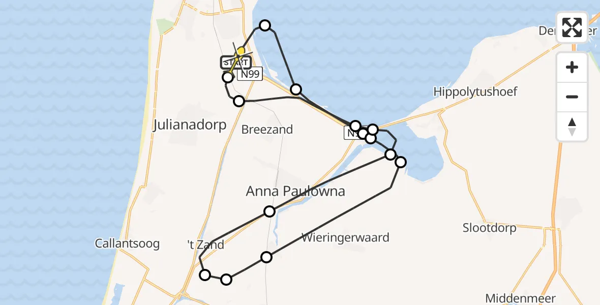 Routekaart van de vlucht: Kustwachthelikopter naar Vliegveld De Kooy, Oostoeverweg