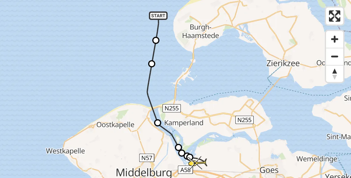 Routekaart van de vlucht: Kustwachthelikopter naar Vliegveld Midden-Zeeland, Calandweg