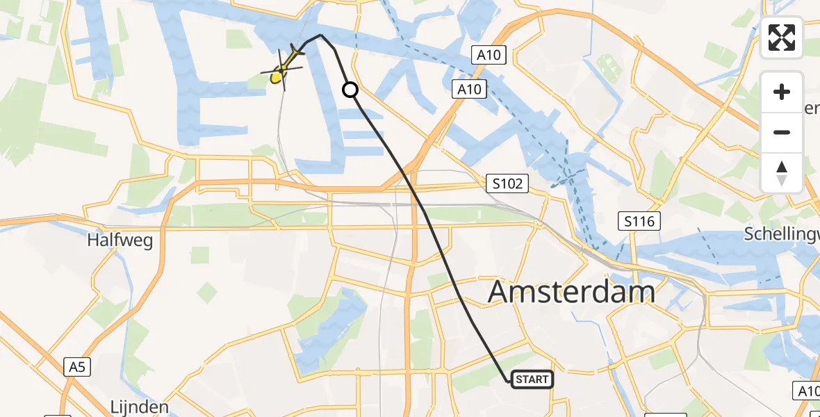 Routekaart van de vlucht: Lifeliner 1 naar Amsterdam Heliport, Gerard Brandtstraat