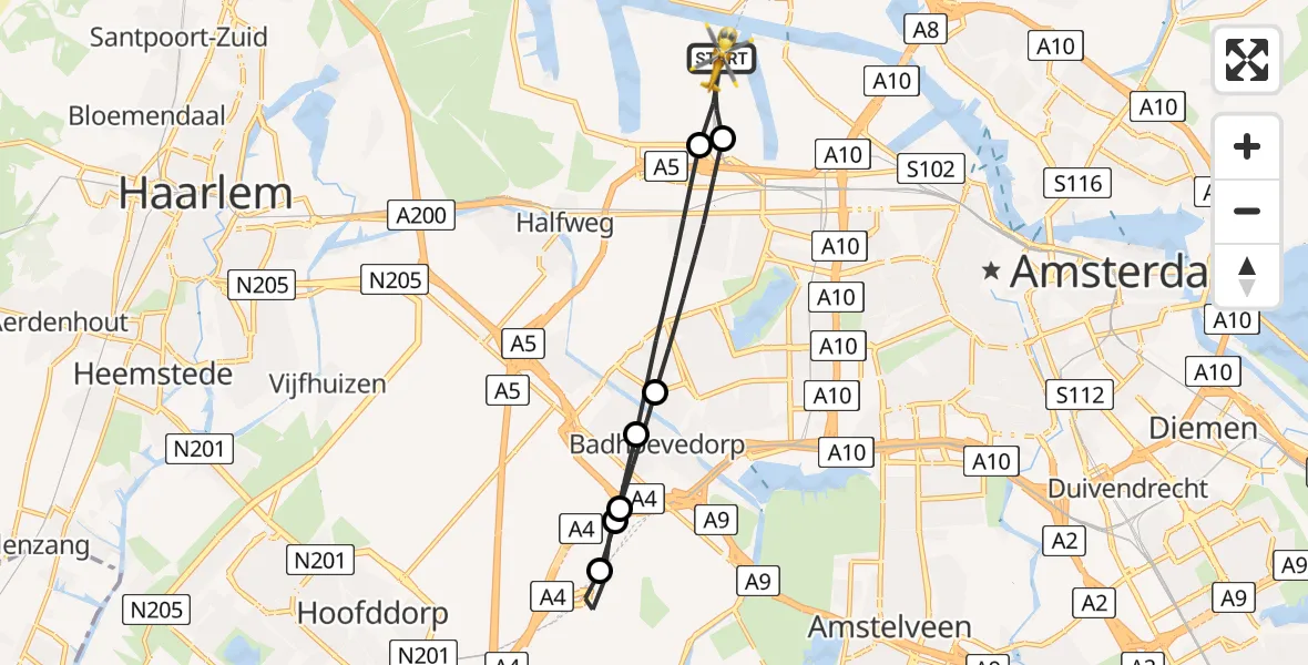 Vluchtroute Traumahelikopter van Amsterdam Heliport naar Amsterdam Heliport