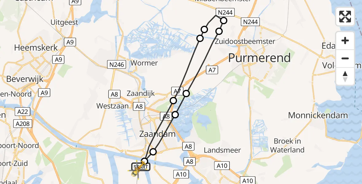 Vluchtroute Traumahelikopter van Amsterdam Heliport naar Amsterdam Heliport