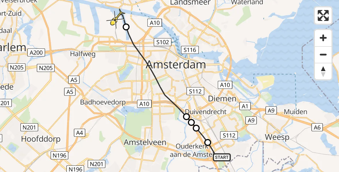 Routekaart van de vlucht: Lifeliner 1 naar Amsterdam Heliport, Snijdersbergweg