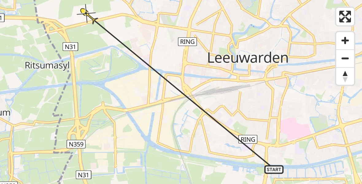 Routekaart van de vlucht: Ambulanceheli naar Leeuwarden, Harlingerstraatweg