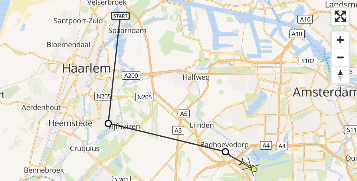 Routekaart van de vlucht: Politieheli naar Badhoevedorp, Erasmuslaan