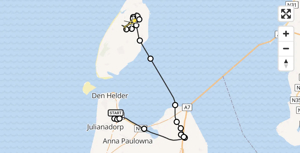 Routekaart van de vlucht: Kustwachthelikopter naar Texel International Airport, Middenvliet