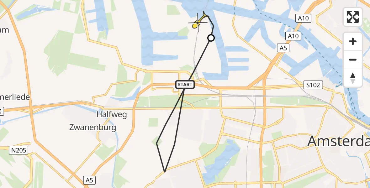 Routekaart van de vlucht: Lifeliner 1 naar Amsterdam Heliport, Ma Braunpad