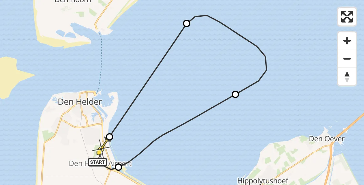 Routekaart van de vlucht: Kustwachthelikopter naar Vliegveld De Kooy, Doggersvaart