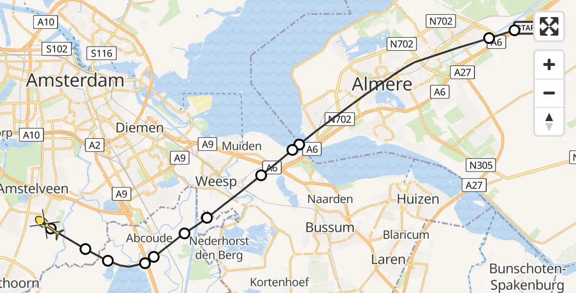 Routekaart van de vlucht: Politieheli naar Amstelveen, Trekpad