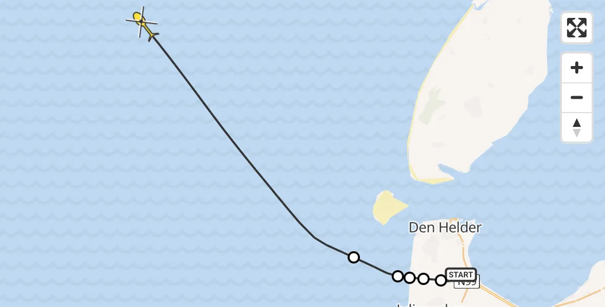 Routekaart van de vlucht: Kustwachthelikopter naar Middenvliet