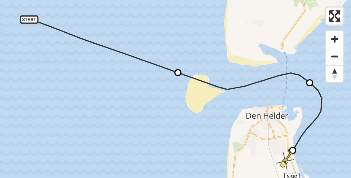 Routekaart van de vlucht: Kustwachthelikopter naar Vliegveld De Kooy, Rijksweg