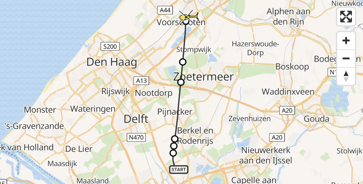Routekaart van de vlucht: Lifeliner 2 naar Voorschoten, Schieveense polder
