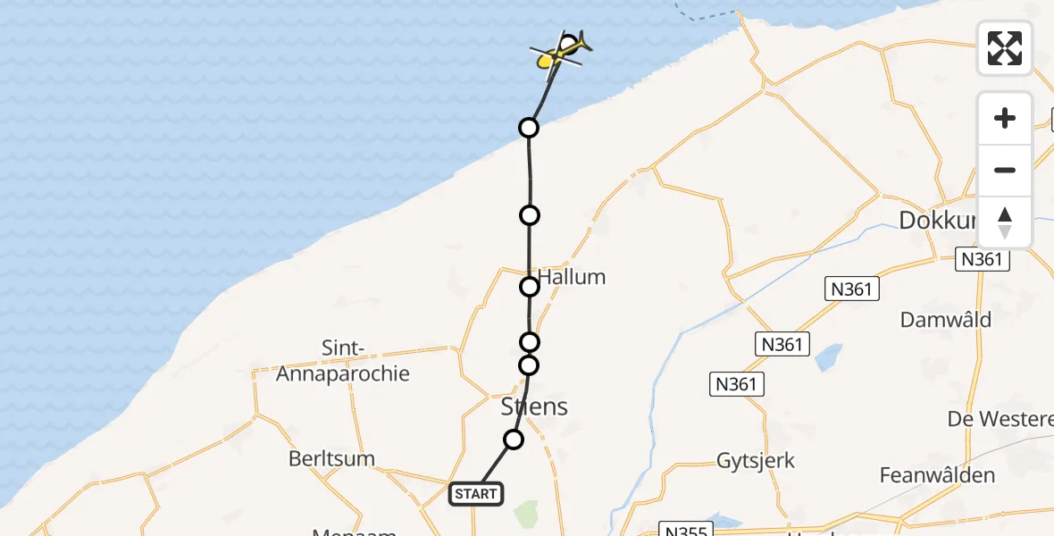 Routekaart van de vlucht: Ambulancehelikopter naar Nes, Brédyk