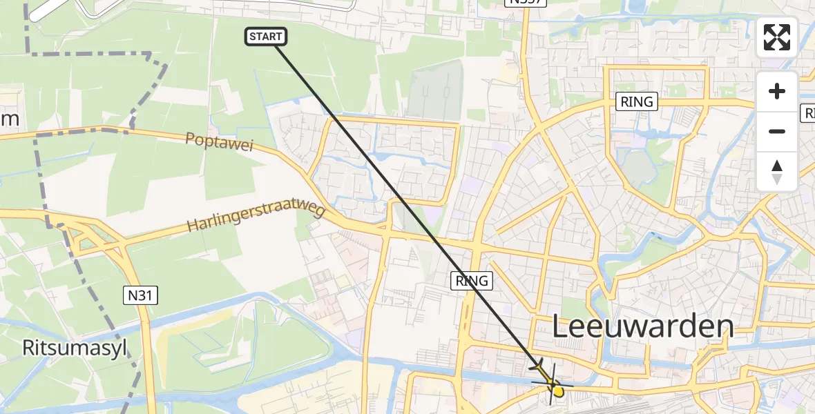 Vluchtroute Ambulancehelikopter van Vliegbasis Leeuwarden naar Leeuwarden