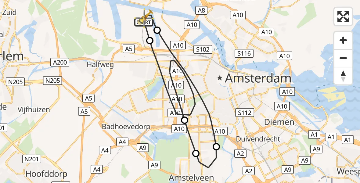 Vluchtroute Traumahelikopter van Amsterdam Heliport naar Amsterdam Heliport