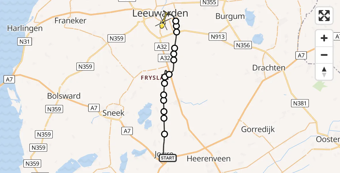 Routekaart van de vlucht: Lifeliner 4 naar Leeuwarden, Koningin Julianalaan
