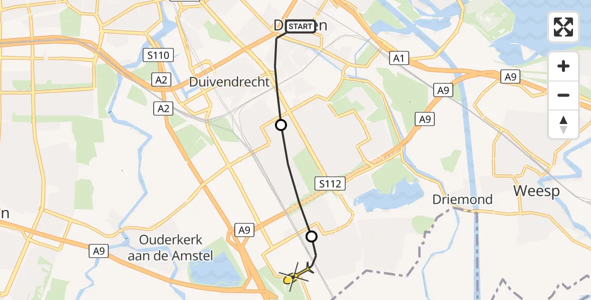 Routekaart van de vlucht: Lifeliner 1 naar Academisch Medisch Centrum (AMC), Akkerland