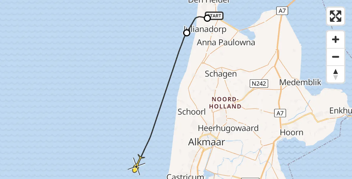 Routekaart van de vlucht: Kustwachthelikopter naar Kortevliet