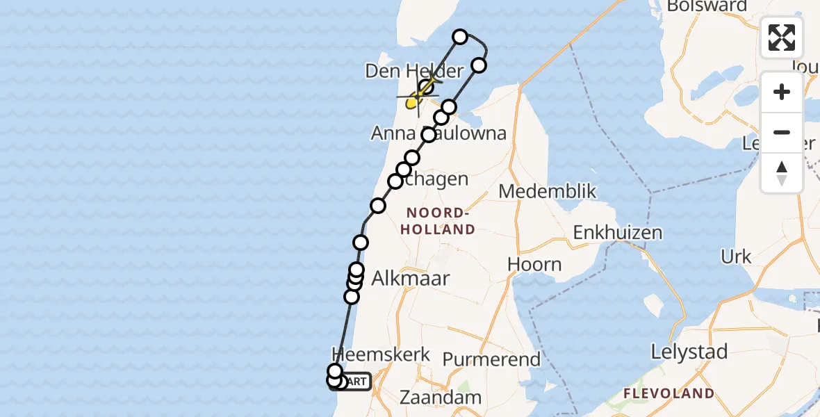 Routekaart van de vlucht: Kustwachthelikopter naar Vliegveld De Kooy, Noordersluisweg