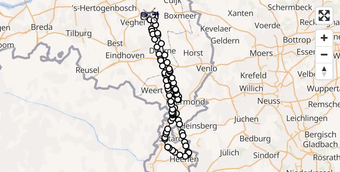 Vluchtroute Politiehelikopter van Vliegbasis Volkel naar Vliegbasis Volkel