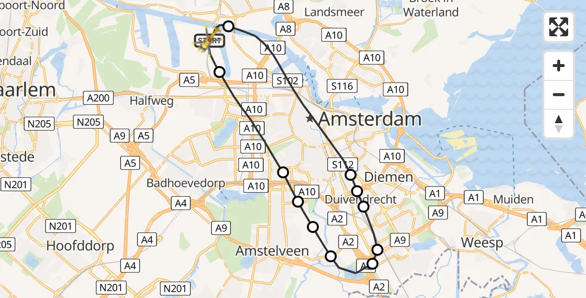 Vluchtroute Traumahelikopter van Amsterdam Heliport naar Amsterdam Heliport