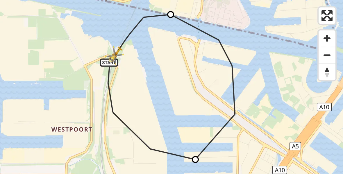Vluchtroute Traumahelikopter van Amsterdam Heliport naar Amsterdam Heliport
