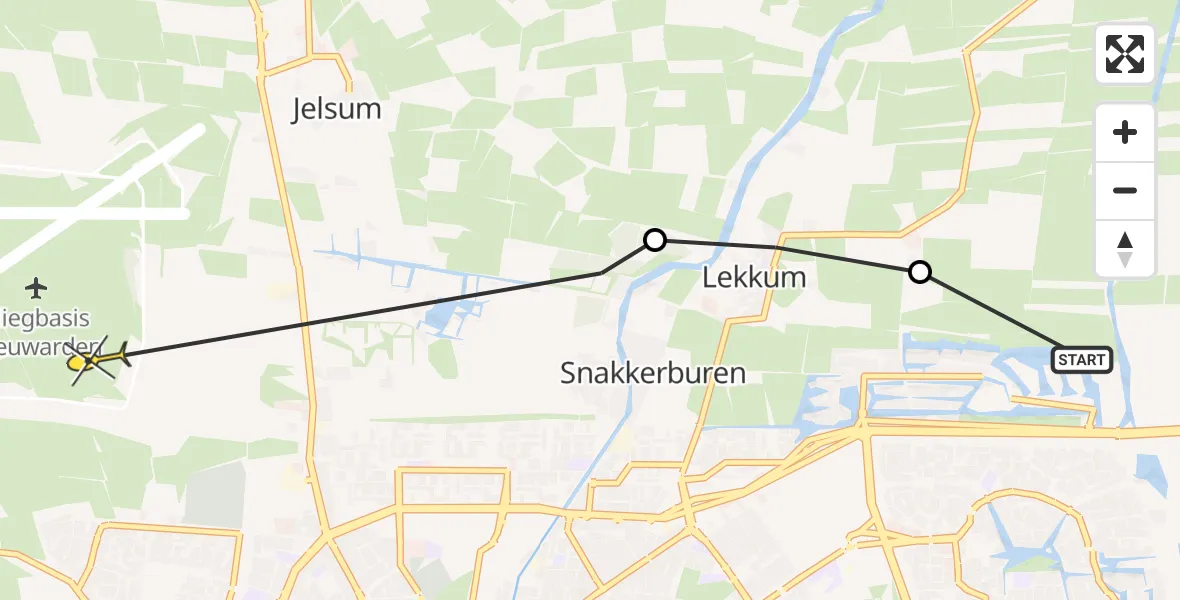 Vluchtroute Ambulancehelikopter van Leeuwarden naar Vliegbasis Leeuwarden