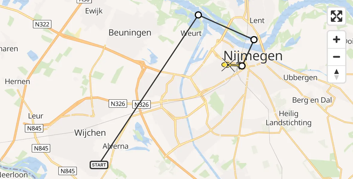 Routekaart van de vlucht: Politieheli naar Nijmegen, Weurtse Grindgat