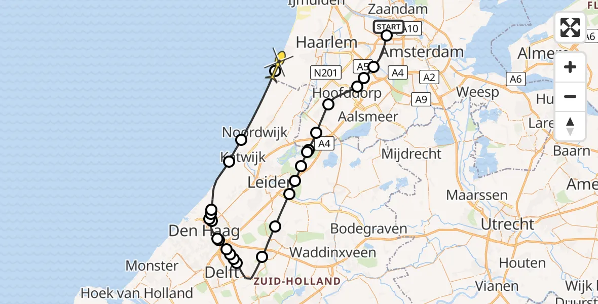 Routekaart van de vlucht: Lifeliner 1 naar Zandvoort, Nieuw-Zeelandweg