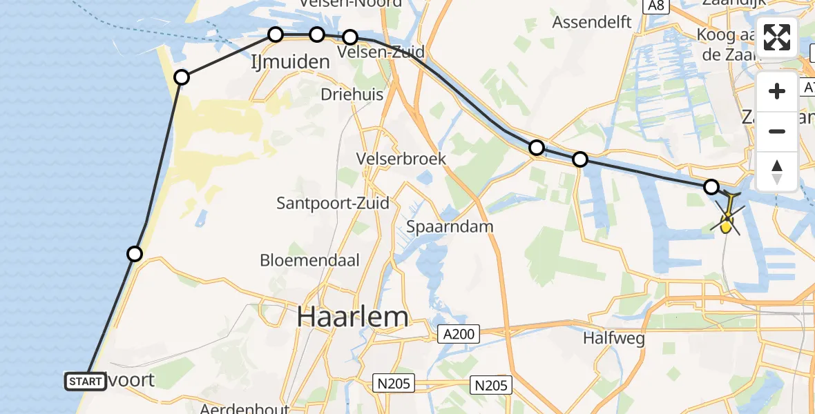 Routekaart van de vlucht: Lifeliner 1 naar Amsterdam Heliport, Strandafgang Barnaart