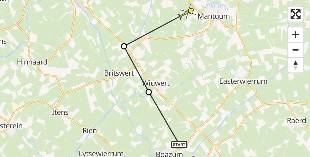 Routekaart van de vlucht: Ambulancehelikopter naar Mantgum, Slinke