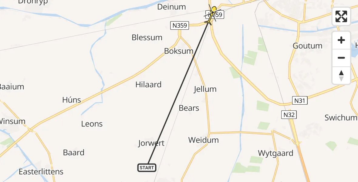 Routekaart van de vlucht: Ambulancehelikopter naar Leeuwarden, De Heak