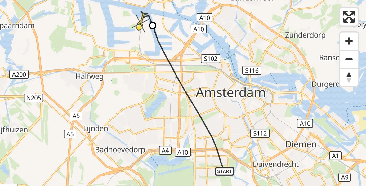 Routekaart van de vlucht: Lifeliner 1 naar Amsterdam Heliport, Christian Neefestraat