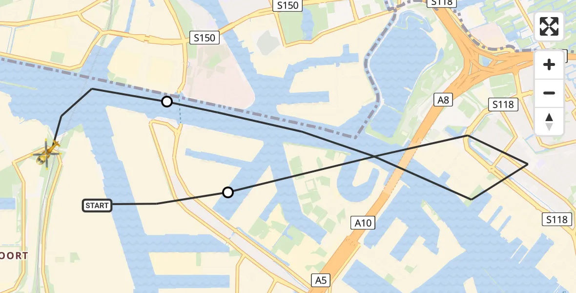 Vluchtroute Traumahelikopter van Amsterdam Heliport naar Amsterdam Heliport