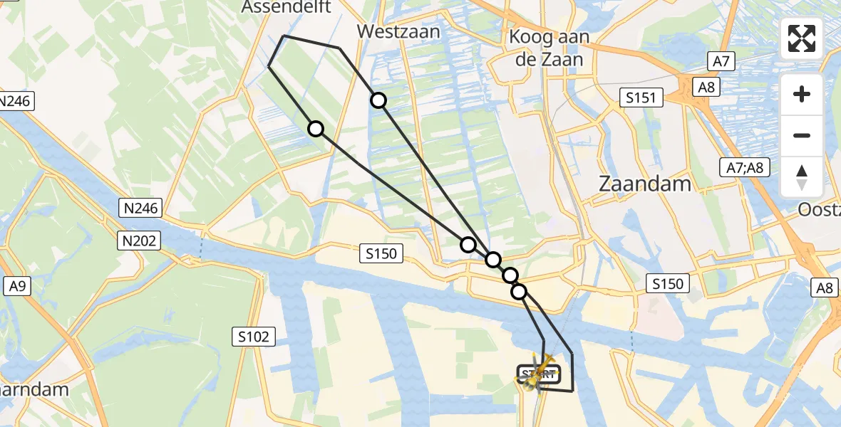 Vluchtroute Traumahelikopter van Amsterdam Heliport naar Amsterdam Heliport