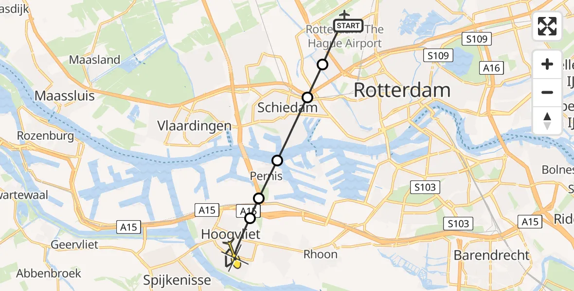 Routekaart van de vlucht: Lifeliner 2 naar Hoogvliet, Schipholstraat