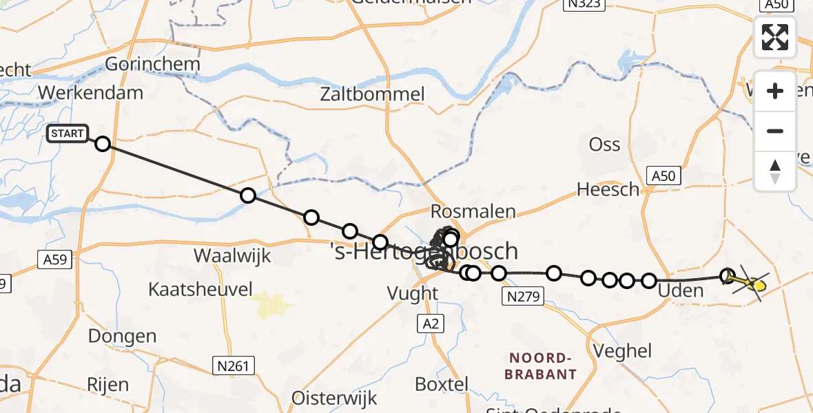 Routekaart van de vlucht: Politieheli naar Vliegbasis Volkel, Grote Waardweg