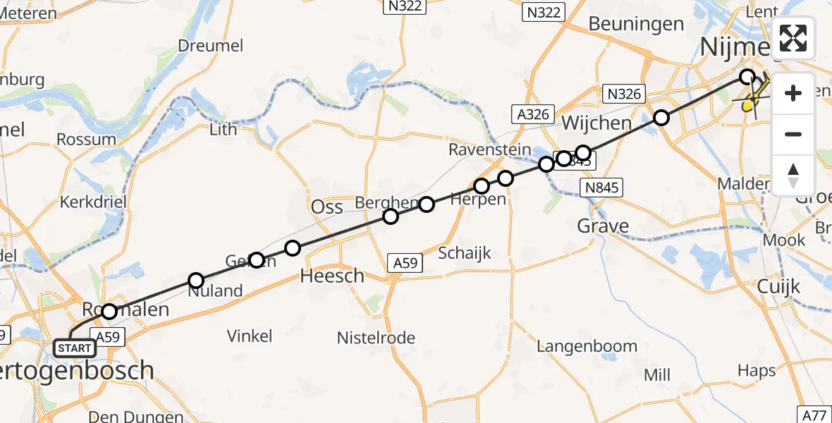 Routekaart van de vlucht: Lifeliner 3 naar Radboud Universitair Medisch Centrum, Heinis