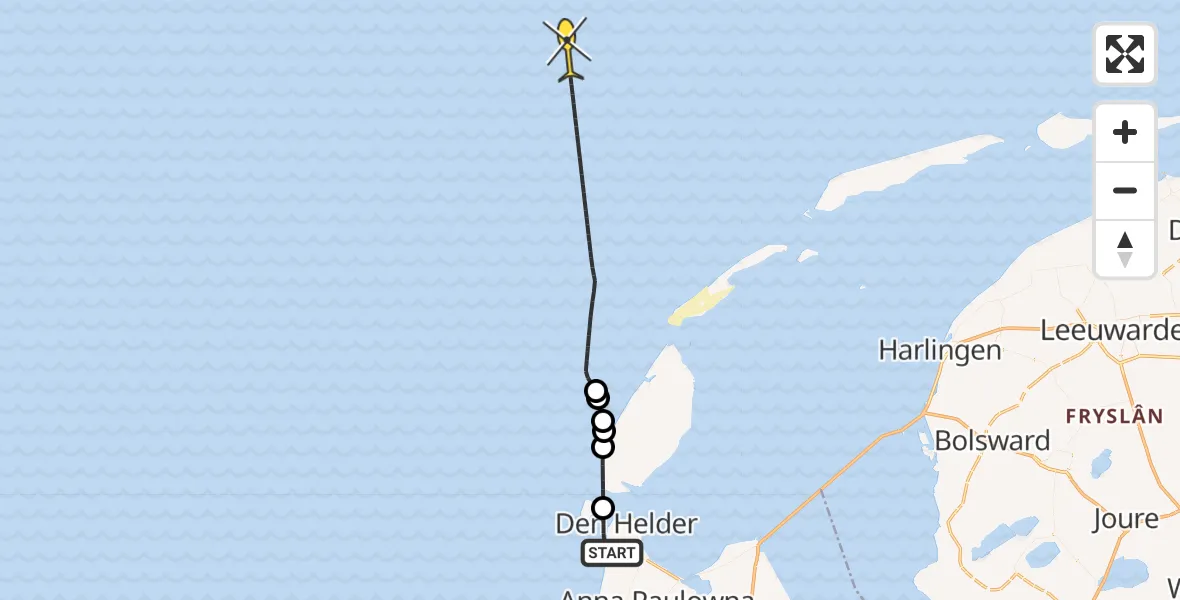 Routekaart van de vlucht: Kustwachthelikopter naar Strandslag Donkere Duinen