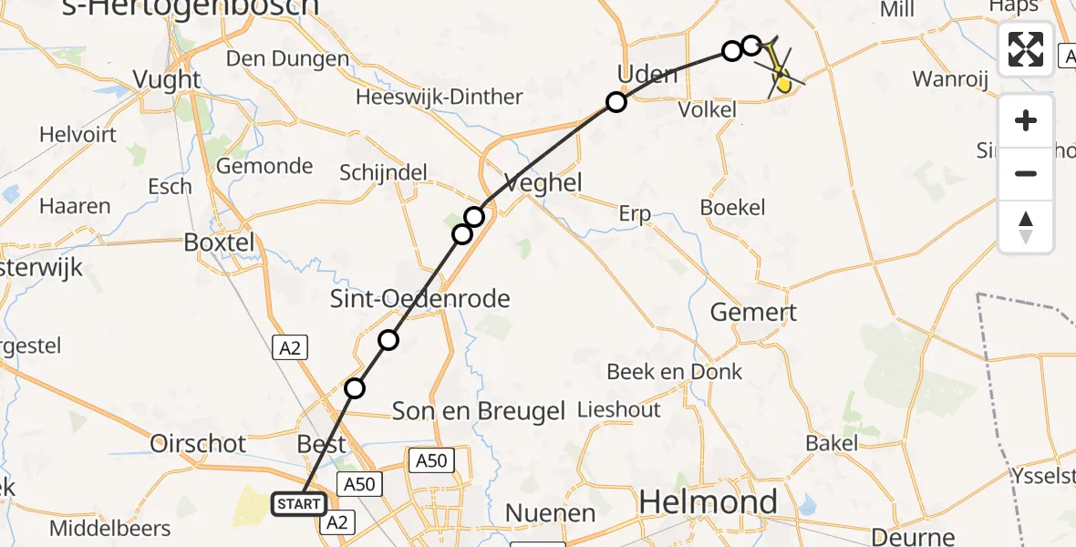 Routekaart van de vlucht: Politieheli naar Vliegbasis Volkel, Oude Baan